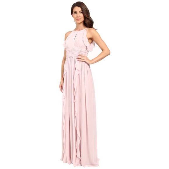 New Donna Morgan Skye Ruffles Cutaway Halter Pink Gown Women's Size 18 - Picture 1 of 16